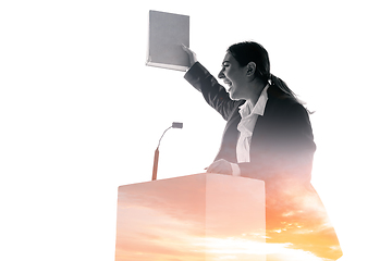 Image showing Speaker, coach or chairwoman during politician speech on white background