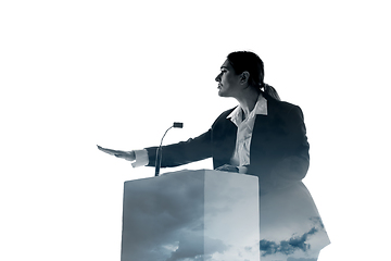 Image showing Speaker, coach or chairwoman during politician speech on white background