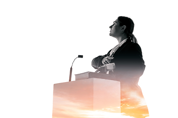 Image showing Speaker, coach or chairwoman during politician speech on white background