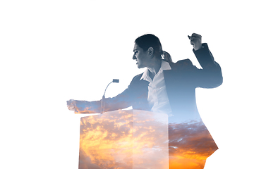 Image showing Speaker, coach or chairwoman during politician speech on white background