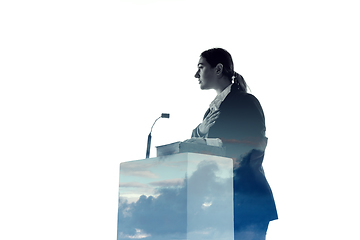 Image showing Speaker, coach or chairwoman during politician speech on white background