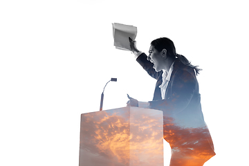 Image showing Speaker, coach or chairwoman during politician speech on white background