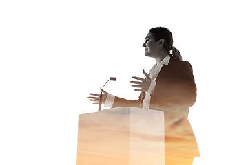 Image showing Speaker, coach or chairwoman during politician speech on white background