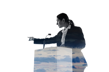 Image showing Speaker, coach or chairwoman during politician speech on white background