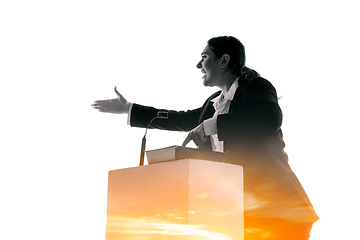 Image showing Speaker, coach or chairwoman during politician speech on white background