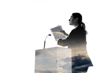 Image showing Speaker, coach or chairwoman during politician speech on white background