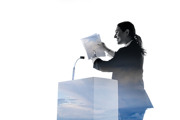 Image showing Speaker, coach or chairwoman during politician speech on white background