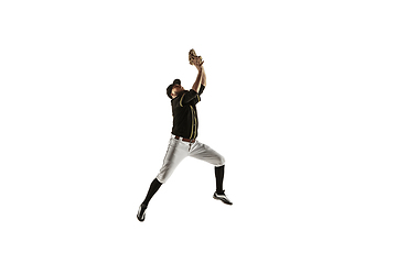 Image showing Baseball player, pitcher in a black uniform practicing on a white background.