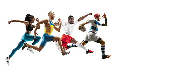 Image showing Young caucasian sportsmen running and jumping on white background