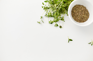 Image showing fresh thyme and dry seasoning on white background