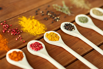 Image showing spoons with different spices on wooden table