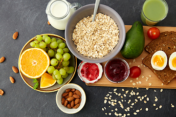 Image showing oatmeal, fruits, toast bread, egg, jam and milk