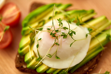 Image showing toast bread with avocado, pouched egg and greens