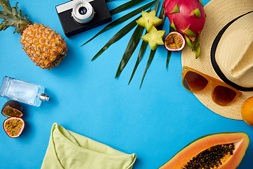 Image showing sunglasses, hat, camera, fruits and clothes