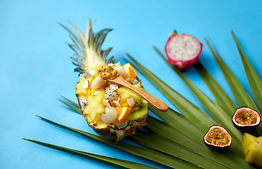 Image showing mix of exotic fruits in pineapple with spoon