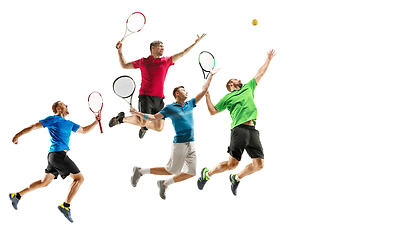 Image showing Young caucasian tennis players running and jumping on white background
