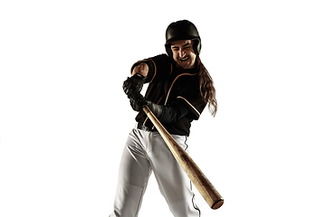 Image showing Baseball player, pitcher in a black uniform practicing on a white background.