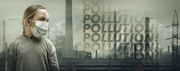 Image showing Caucasian girl wearing the respiratory protection mask against air pollution and dusk with factories on background