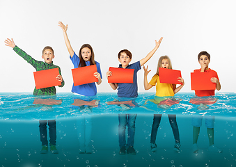 Image showing Group of children with blank red banners standing in water of melting glacier, global warming