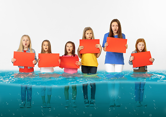 Image showing Group of children with blank red banners standing in water of melting glacier, global warming
