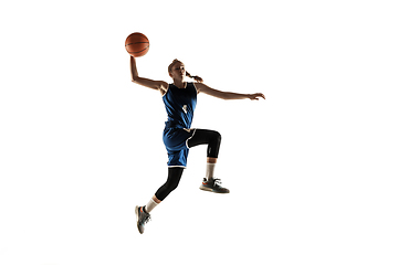 Image showing Young caucasian female basketball player against white studio background