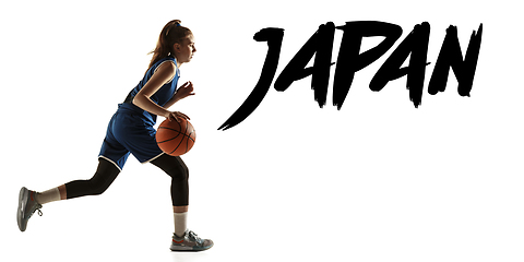 Image showing Young caucasian female basketball player on white studio background, Tokyo