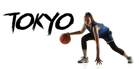 Image showing Young caucasian female basketball player on white studio background, Tokyo