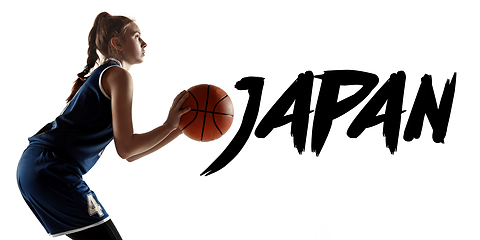 Image showing Young caucasian female basketball player on white studio background, Tokyo