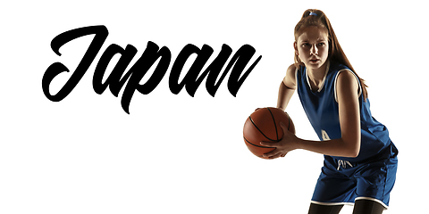 Image showing Young caucasian female basketball player on white studio background, Tokyo