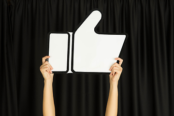 Image showing Hands holding the sign of like on black studio background