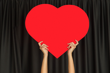 Image showing Hands holding the sign of heart on black studio background