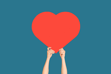 Image showing Hands holding the sign of heart on blue studio background