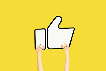 Image showing Hands holding the sign of like on yellow studio background