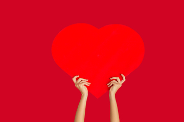 Image showing Hands holding the sign of heart on red studio background