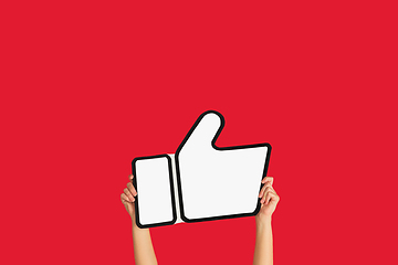 Image showing Hands holding the sign of like on red studio background