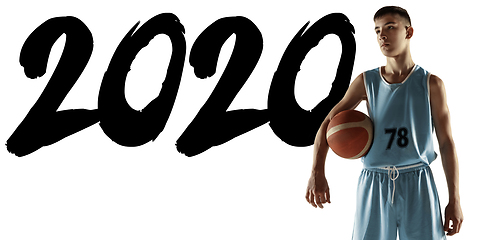 Image showing Full length portrait of a young basketball player with ball, meeting 2020