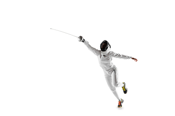 Image showing Teen girl in fencing costume with sword in hand isolated on white background