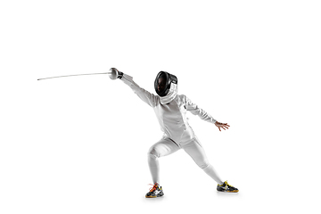 Image showing Teen girl in fencing costume with sword in hand isolated on white background