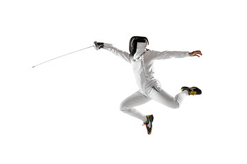 Image showing Teen girl in fencing costume with sword in hand isolated on white background