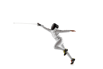 Image showing Teen girl in fencing costume with sword in hand isolated on white background