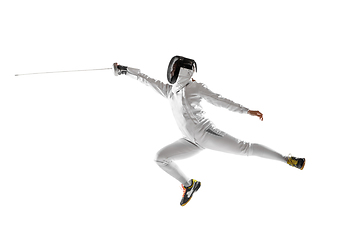 Image showing Teen girl in fencing costume with sword in hand isolated on white background