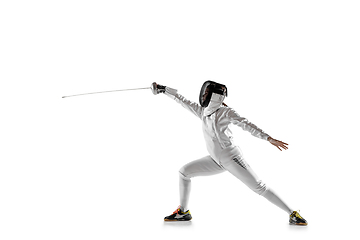 Image showing Teen girl in fencing costume with sword in hand isolated on white background