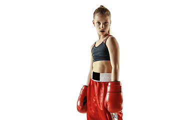 Image showing Young female kickboxing fighter training isolated on white background