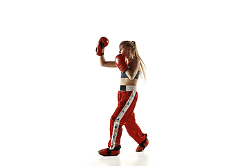 Image showing Young female kickboxing fighter training isolated on white background