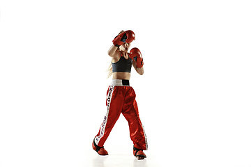 Image showing Young female kickboxing fighter training isolated on white background