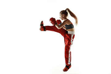 Image showing Young female kickboxing fighter training isolated on white background