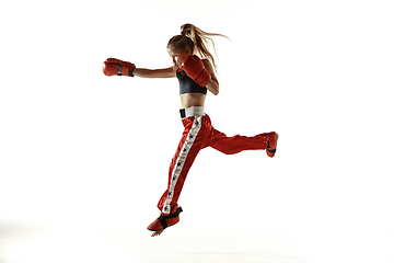 Image showing Young female kickboxing fighter training isolated on white background