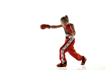 Image showing Young female kickboxing fighter training isolated on white background