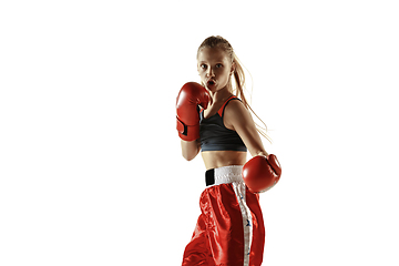 Image showing Young female kickboxing fighter training isolated on white background