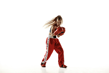 Image showing Young female kickboxing fighter training isolated on white background